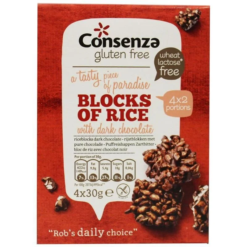 Consenza Rijstblokken met Pure Chocolade 120 gram