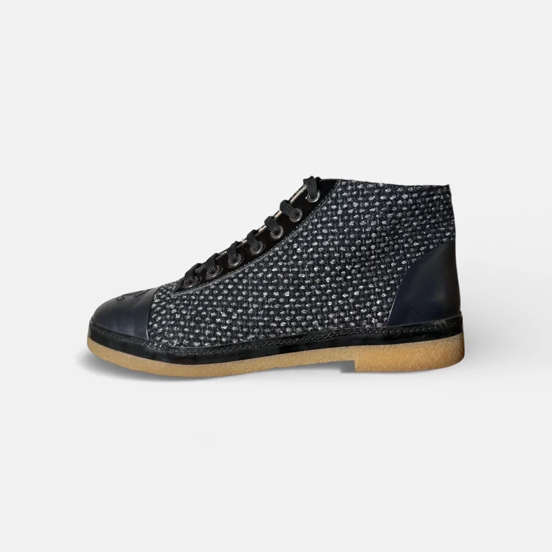 Chanel Lace Up Tweed CC Boots| Black / Grey / Dark Navy | EU 38 (UK 5)