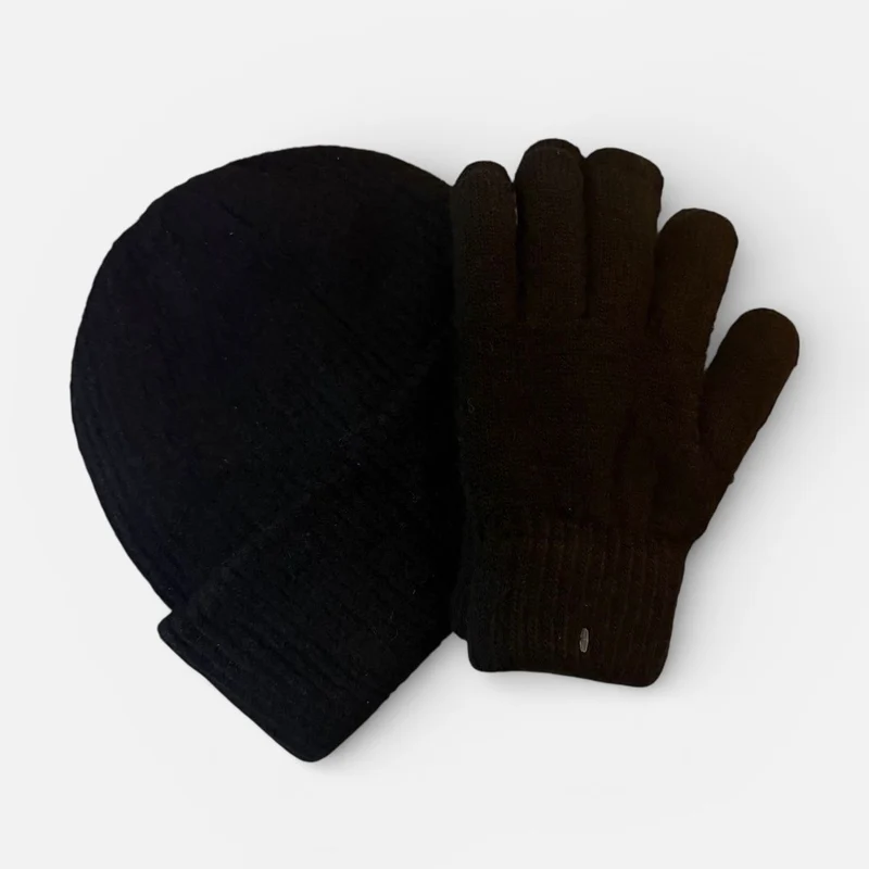 PREMIUM BLANKS - Soft Yarn Cuff Hat & Gloves set - Marl Black