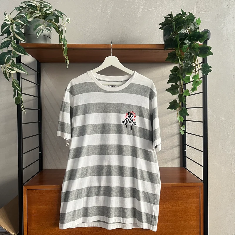Uniqlo X Keith Haring Moma Logo Tee - | Grey / White Stripes | LARGE